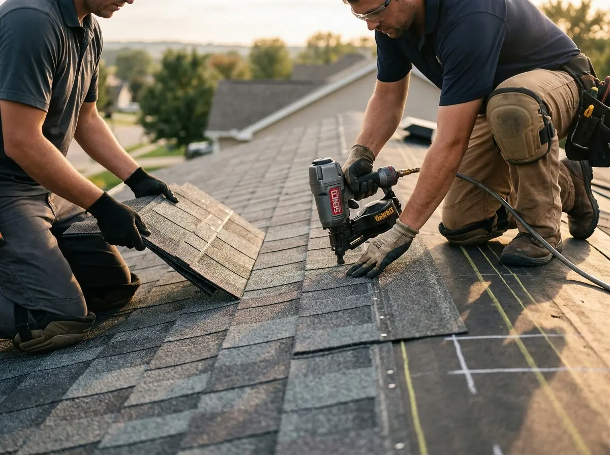 Professional roofer working on a residential roof in Atwater